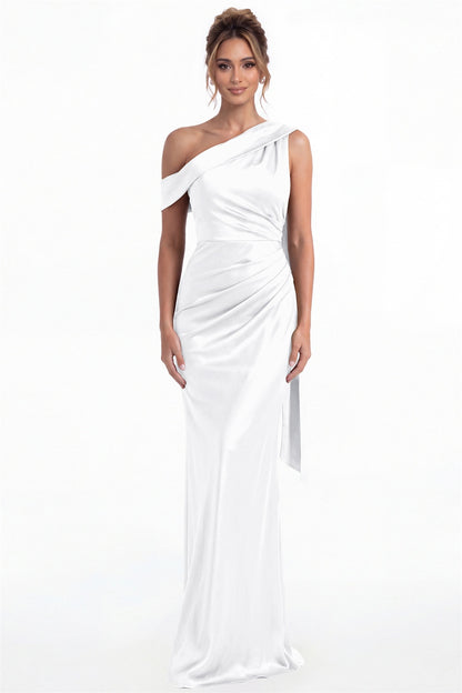 White One Shoulder Draped Ruched Satin Maxi Gown - Front View