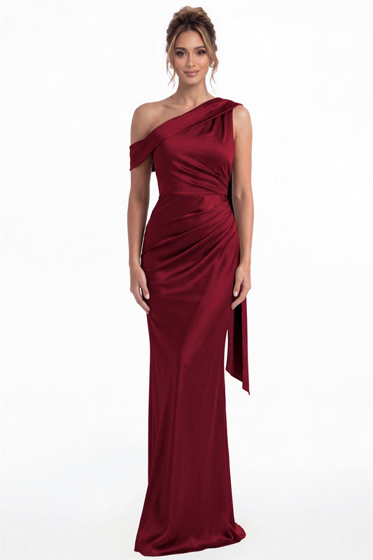 Wine Red One Shoulder Draped Ruched Satin Maxi Gown - Front View