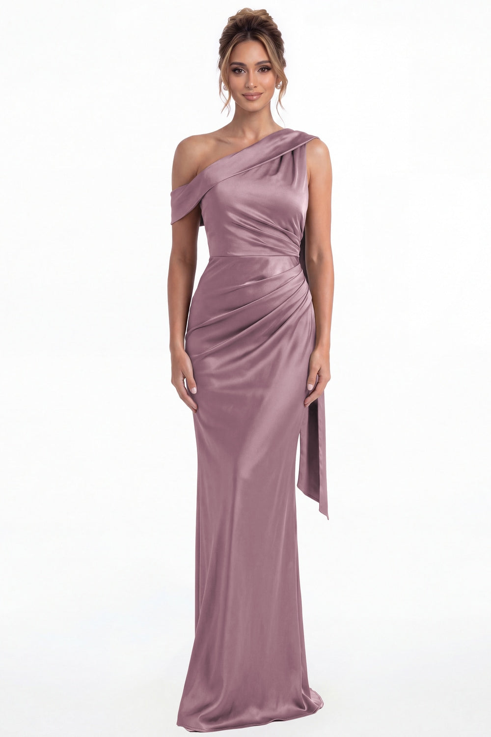 Wisteria One Shoulder Draped Ruched Satin Maxi Gown - Front View