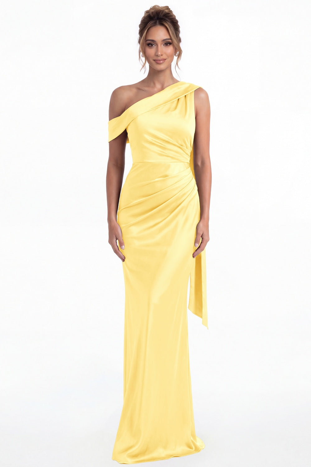 Yellow One Shoulder Draped Ruched Satin Maxi Gown - Front View