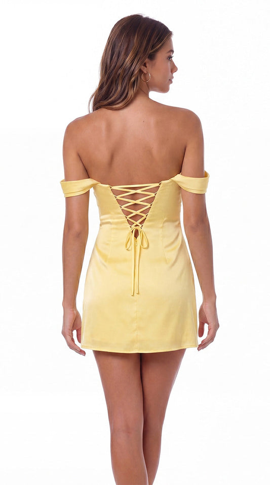 Off Shoulder Satin Mini Dress - Back View