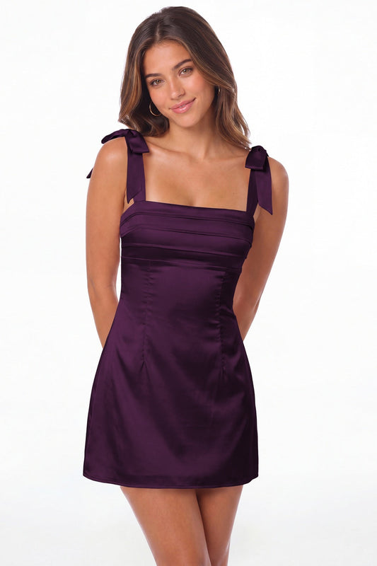 Plum Bow Strap Satin Mini Dress - Front View