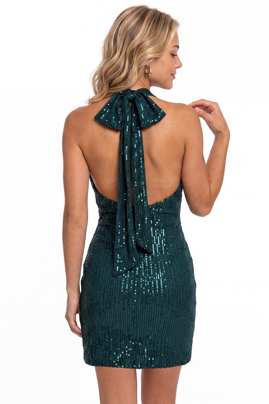 Black Halter Sequin Mini Dress - Front View