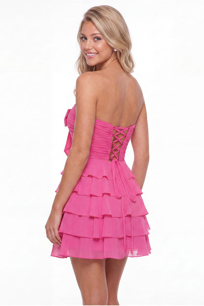 Brown Strapless Chiffon Tiered Mini Dress - Front