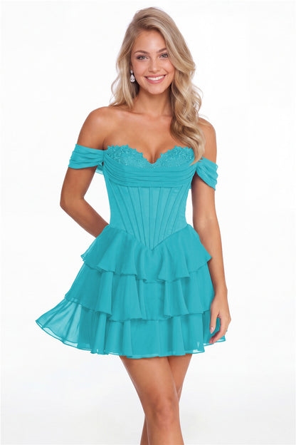 Aqua Blue Tiered Two-Way Chiffon Mini Homecoming Dress - Front View