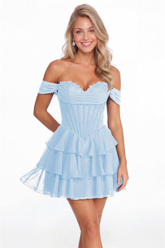 Baby Blue Tiered Two-Way Chiffon Mini Homecoming Dress - Front View