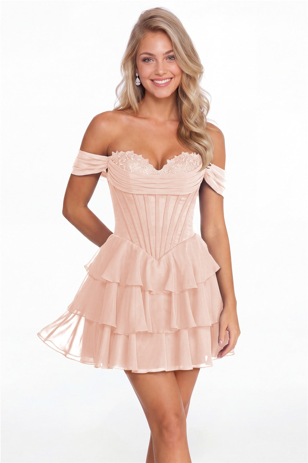 Blush Pink Tiered Two-Way Chiffon Mini Homecoming Dress - Front View