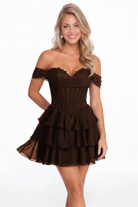 Brown Tiered Two-Way Chiffon Mini Homecoming Dress - Front View