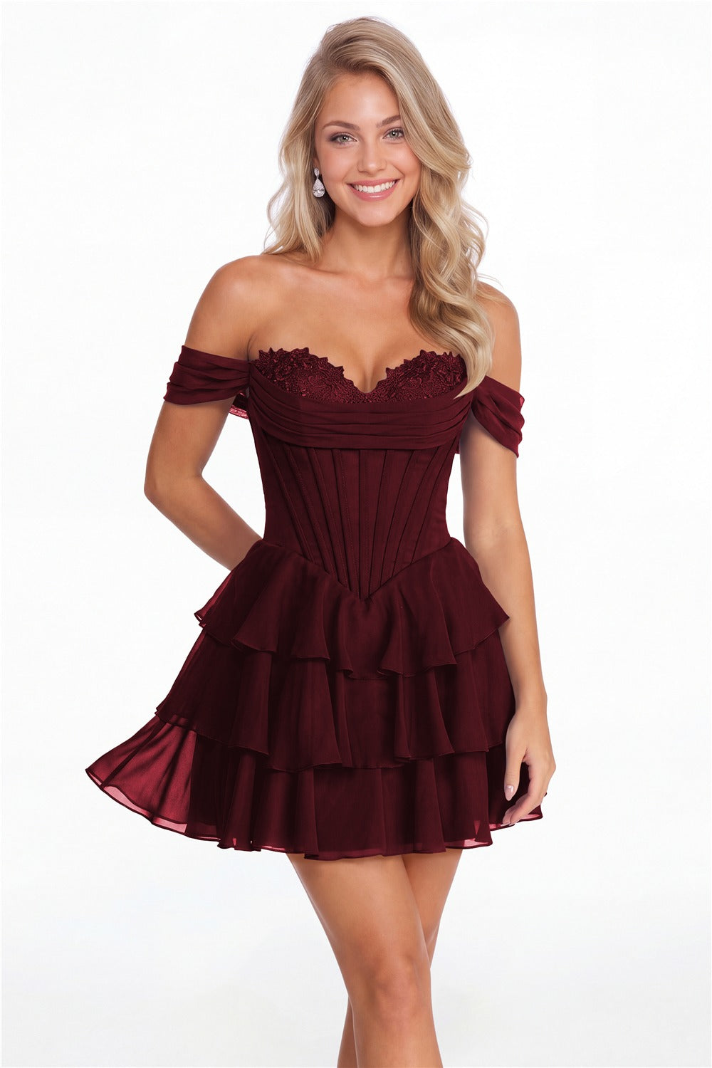 Burgundy Tiered Two-Way Chiffon Mini Homecoming Dress - Front View