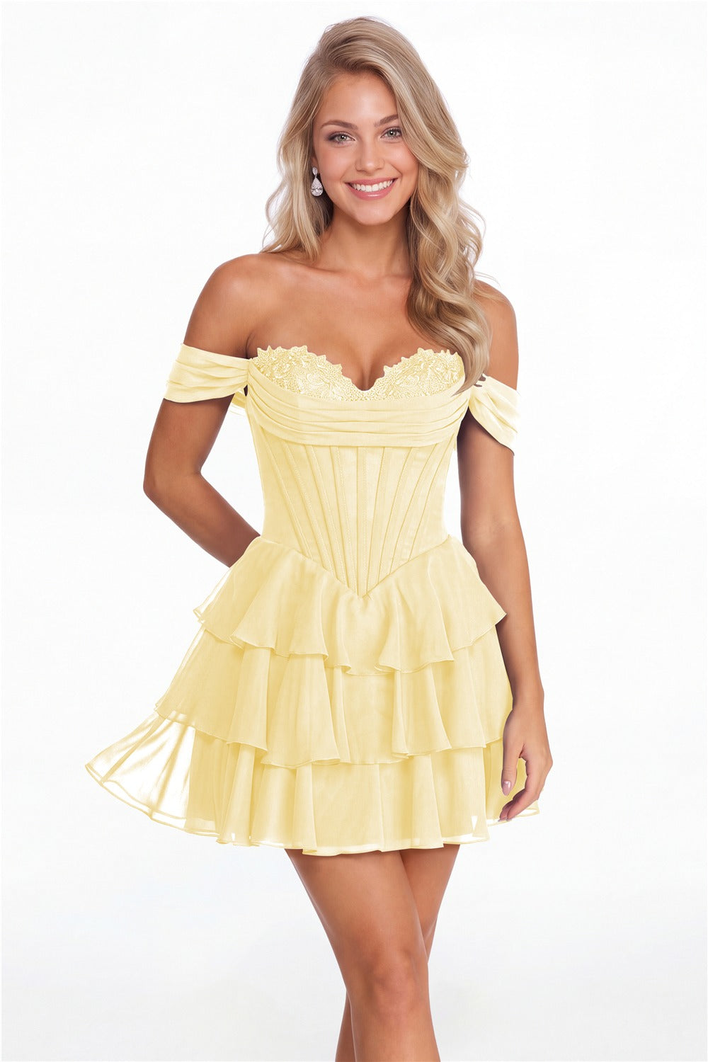 Butter Yellow Tiered Two-Way Chiffon Mini Homecoming Dress - Front View