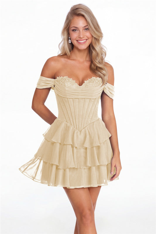 Champagne Tiered Two-Way Chiffon Mini Homecoming Dress - Front View