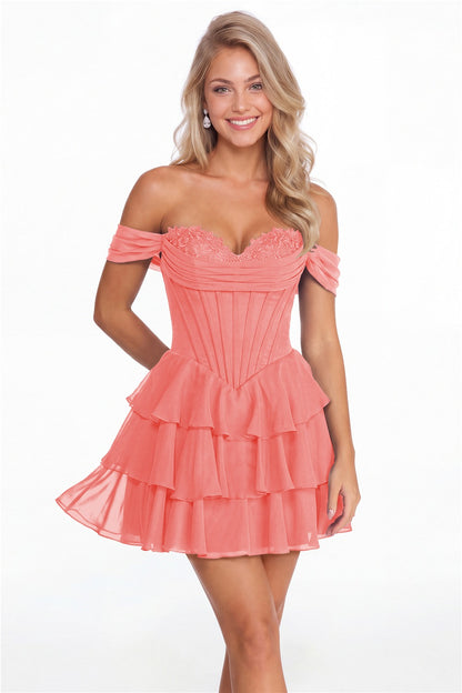 Coral Tiered Two-Way Chiffon Mini Homecoming Dress - Front View