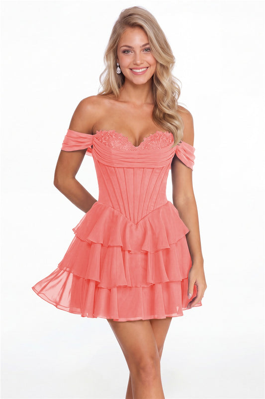 Coral Tiered Two-Way Chiffon Mini Homecoming Dress - Front View