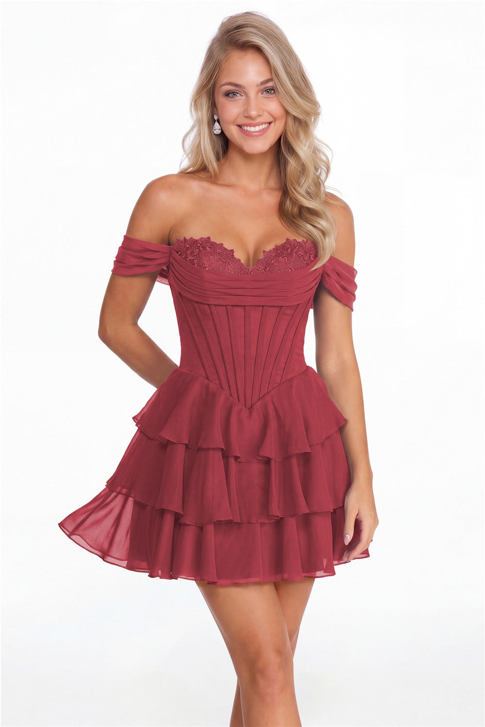 Desert Rose Tiered Two-Way Chiffon Mini Homecoming Dress - Front View