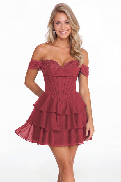 Desert Rose Tiered Two-Way Chiffon Mini Homecoming Dress - Front View