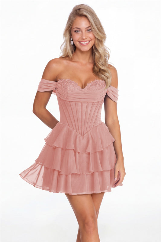 Dusty Rose Tiered Two-Way Chiffon Mini Homecoming Dress - Front View