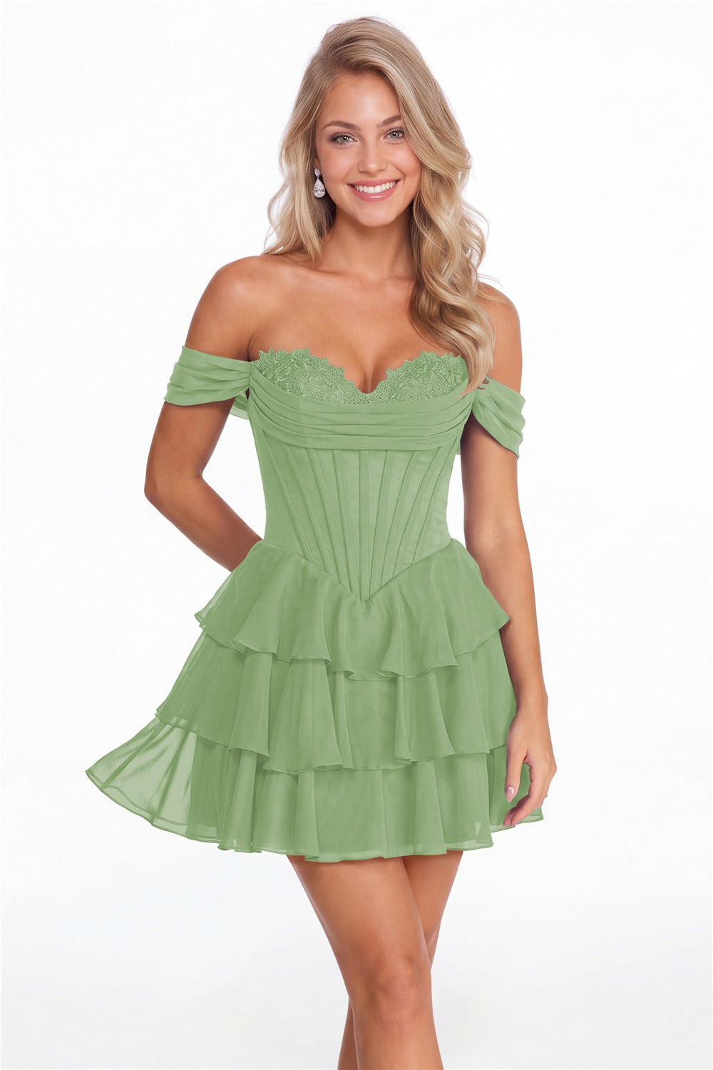 Dusty Sage Tiered Two-Way Chiffon Mini Homecoming Dress - Front View