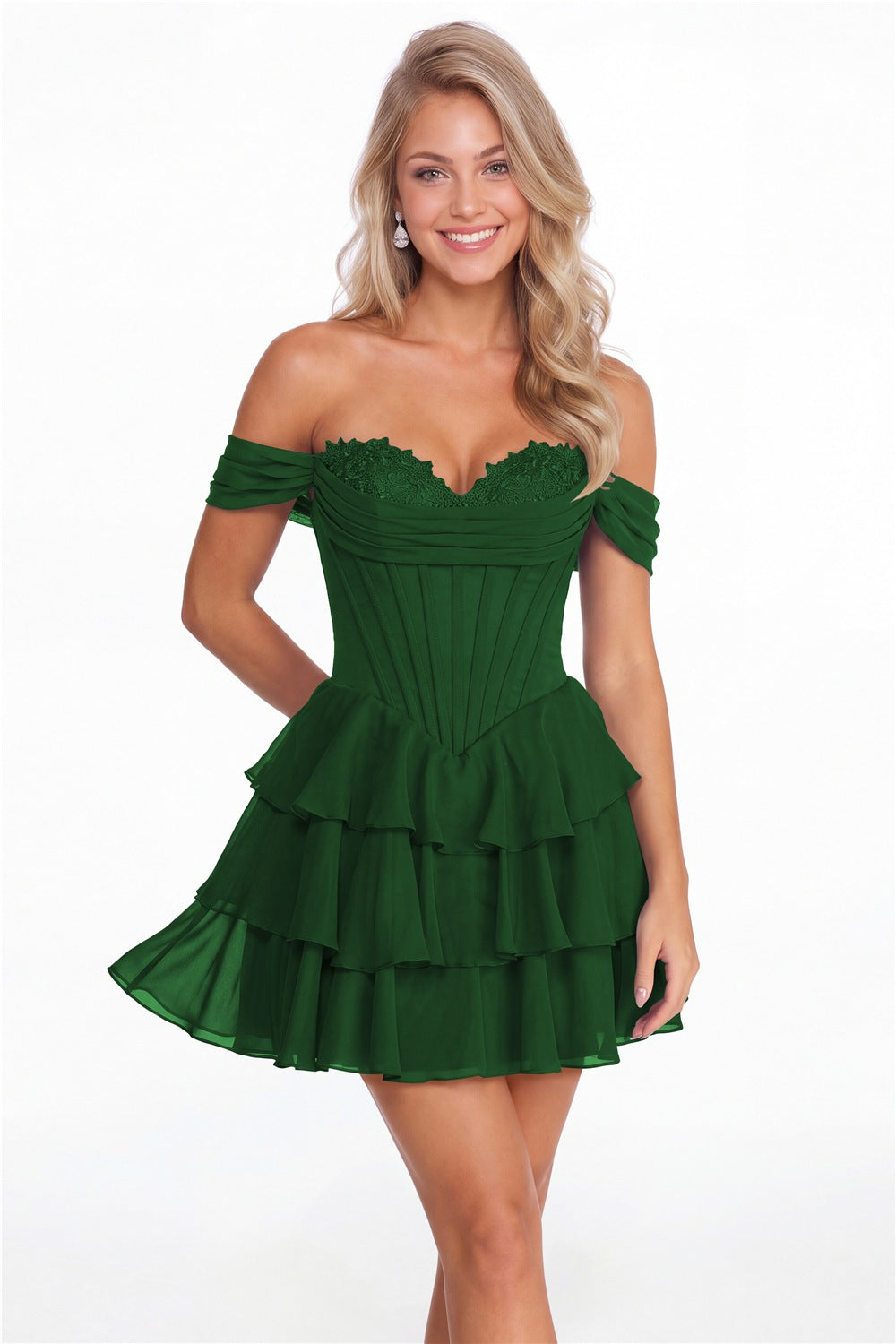 Emerald Green Tiered Two-Way Chiffon Mini Homecoming Dress - Front View