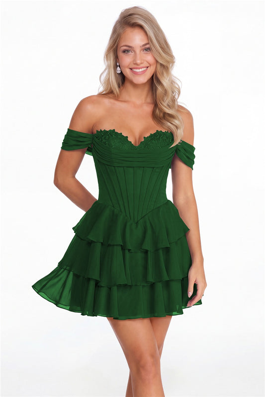 Emerald Green Tiered Two-Way Chiffon Mini Homecoming Dress - Front View