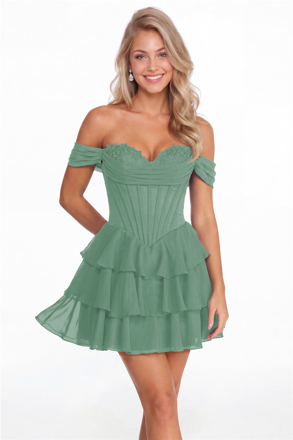 Eucalyptus Tiered Two-Way Chiffon Mini Homecoming Dress - Front View