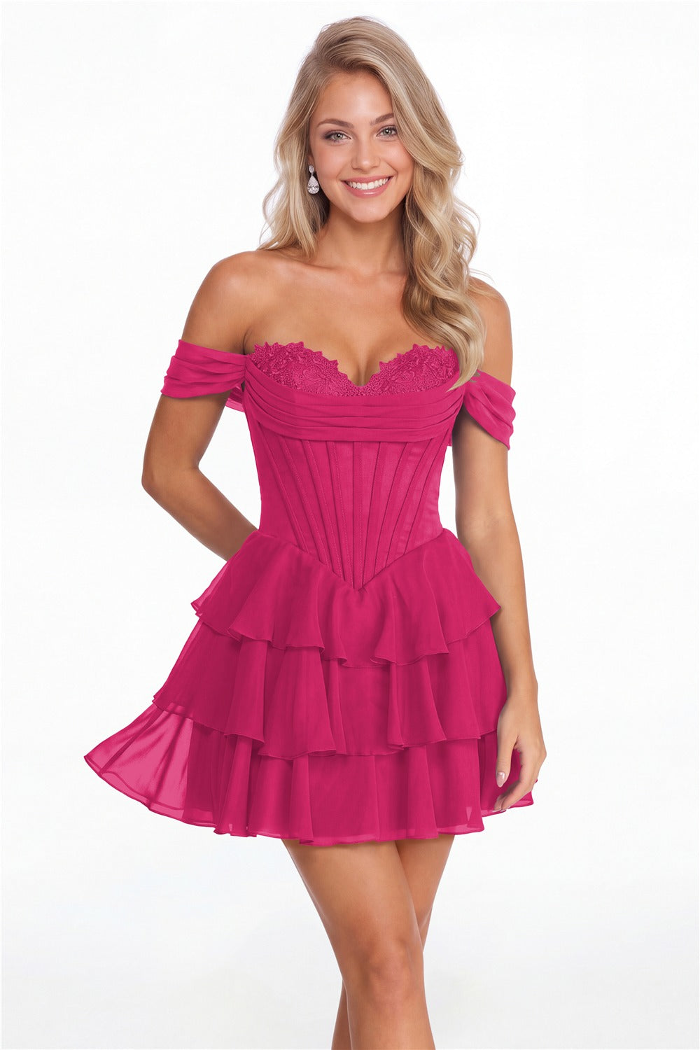 Fuchsia Tiered Two-Way Chiffon Mini Homecoming Dress - Front View