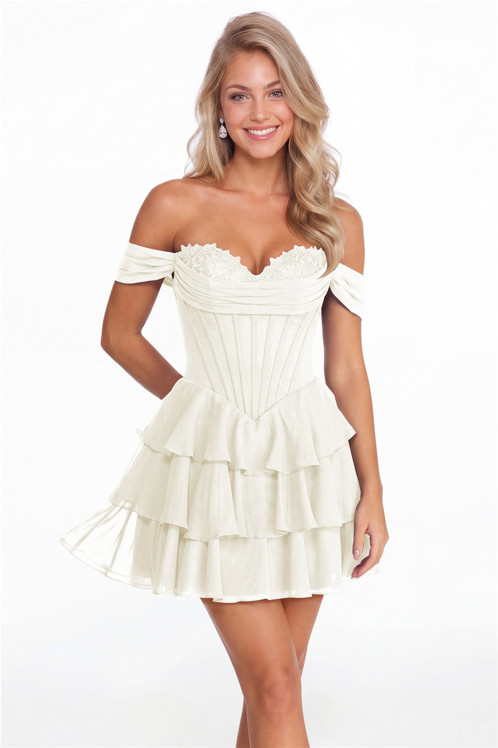 Ivory Tiered Two-Way Chiffon Mini Homecoming Dress - Front View