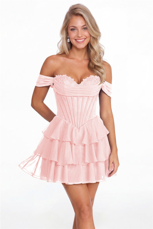 Light Pink Tiered Two-Way Chiffon Mini Homecoming Dress - Front View