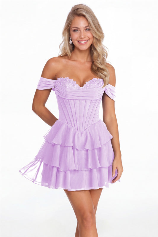 Lilac Tiered Two-Way Chiffon Mini Homecoming Dress - Front View