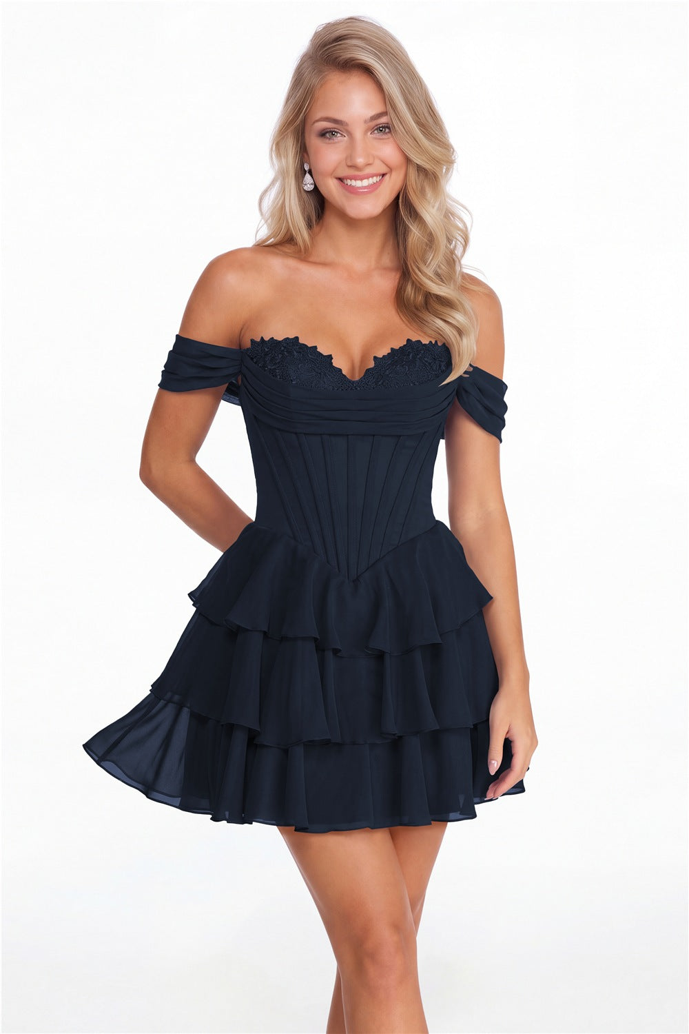 Navy Blue Tiered Two-Way Chiffon Mini Homecoming Dress - Front View