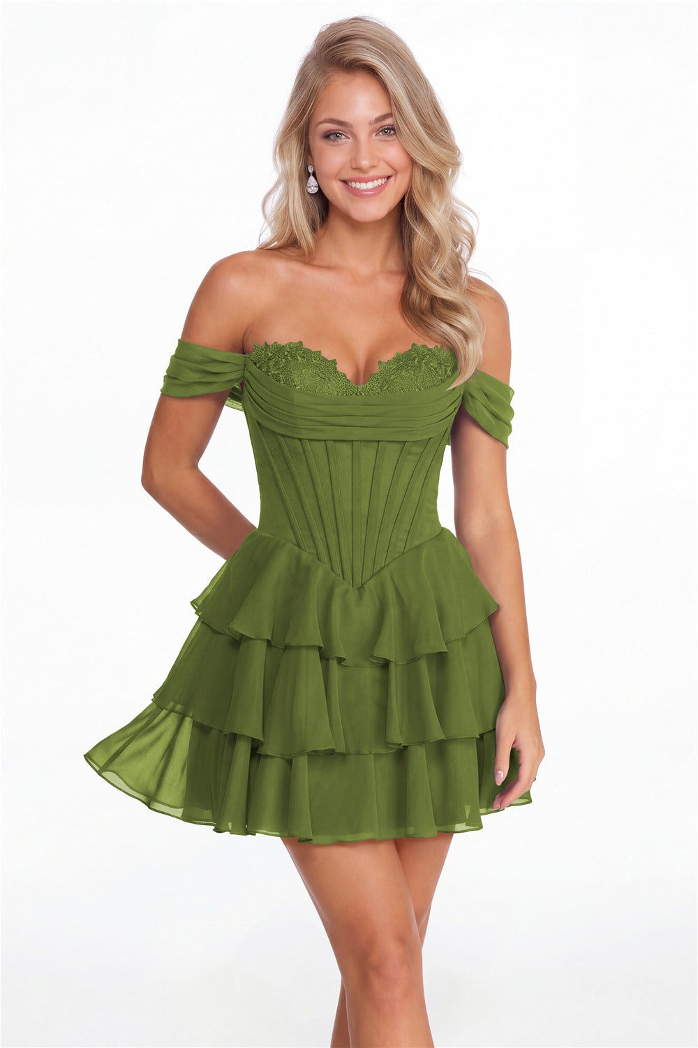 Olive Green Tiered Two-Way Chiffon Mini Homecoming Dress - Front View