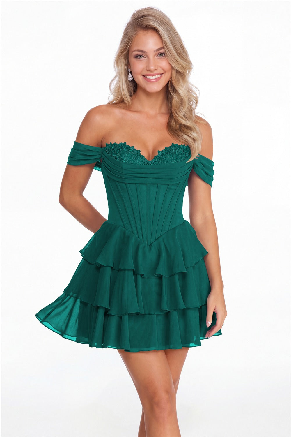 Peacock Tiered Two-Way Chiffon Mini Homecoming Dress - Front View