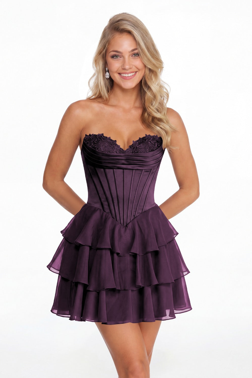 Plum Tiered Two-Way Chiffon Mini Dress - Front View