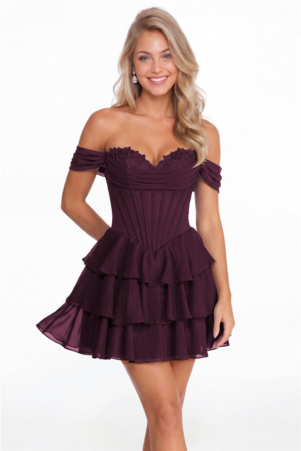 Plum Tiered Two-Way Chiffon Mini Homecoming Dress - Front View