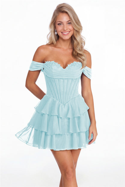 Powder Blue Tiered Two-Way Chiffon Mini Homecoming Dress - Front View