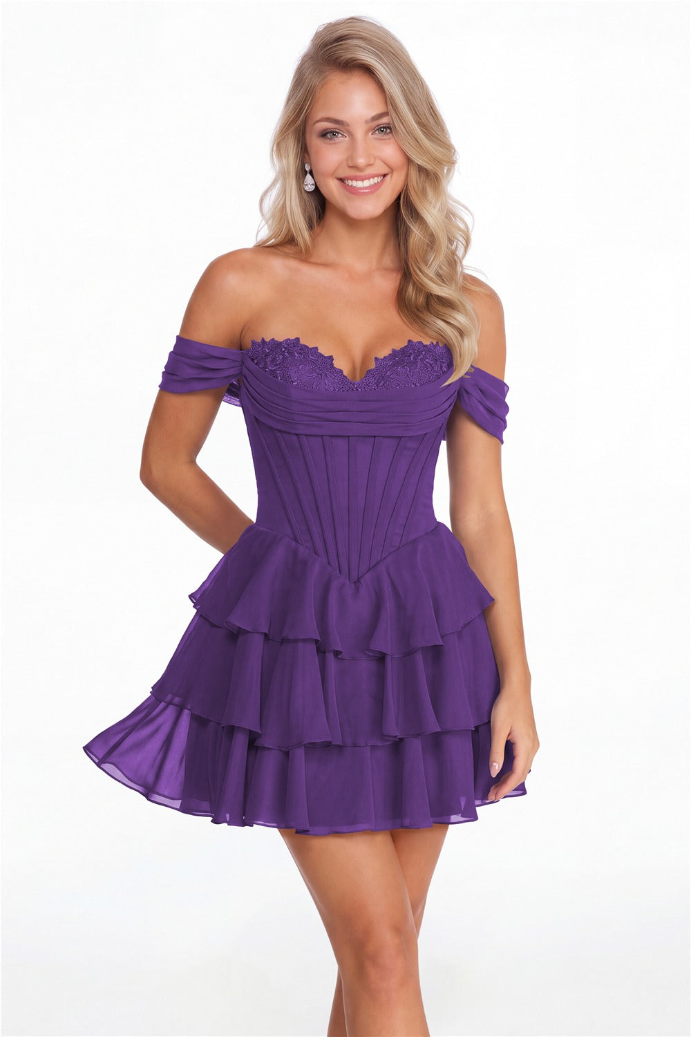 Purple Tiered Two-Way Chiffon Mini Homecoming Dress - Front View