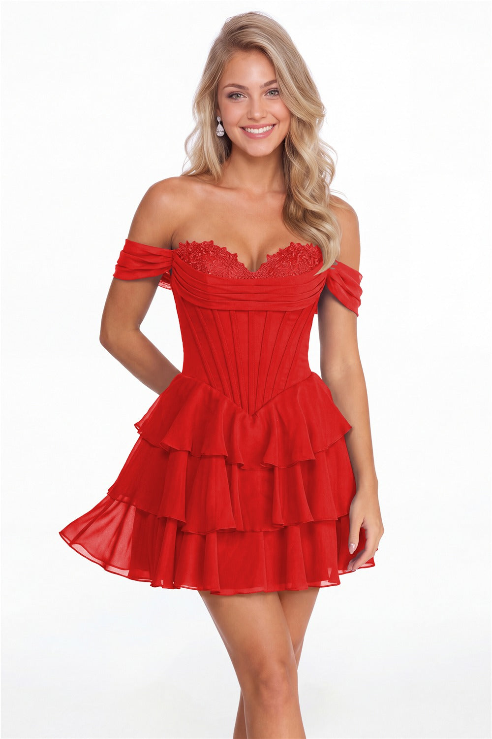 Red Tiered Two-Way Chiffon Mini Homecoming Dress - Front View