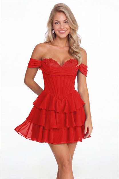 Red Tiered Two-Way Chiffon Mini Homecoming Dress - Front View