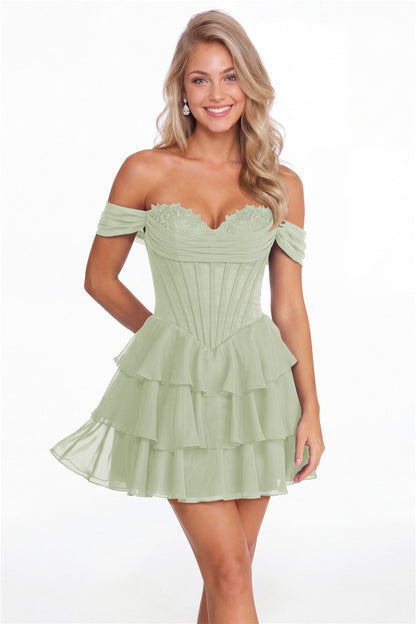 Sage Green Tiered Two-Way Chiffon Mini Homecoming Dress - Front View