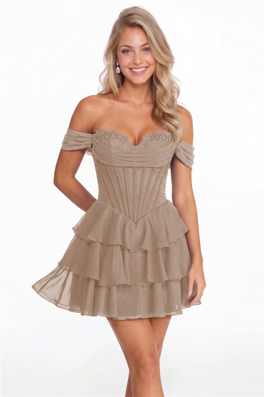 Taupe Tiered Two-Way Chiffon Mini Homecoming Dress - Front View