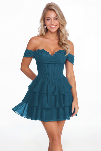 Teal Tiered Two-Way Chiffon Mini Homecoming Dress - Front View