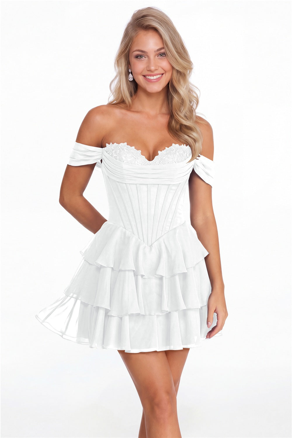 White Tiered Two-Way Chiffon Mini Homecoming Dress - Front View