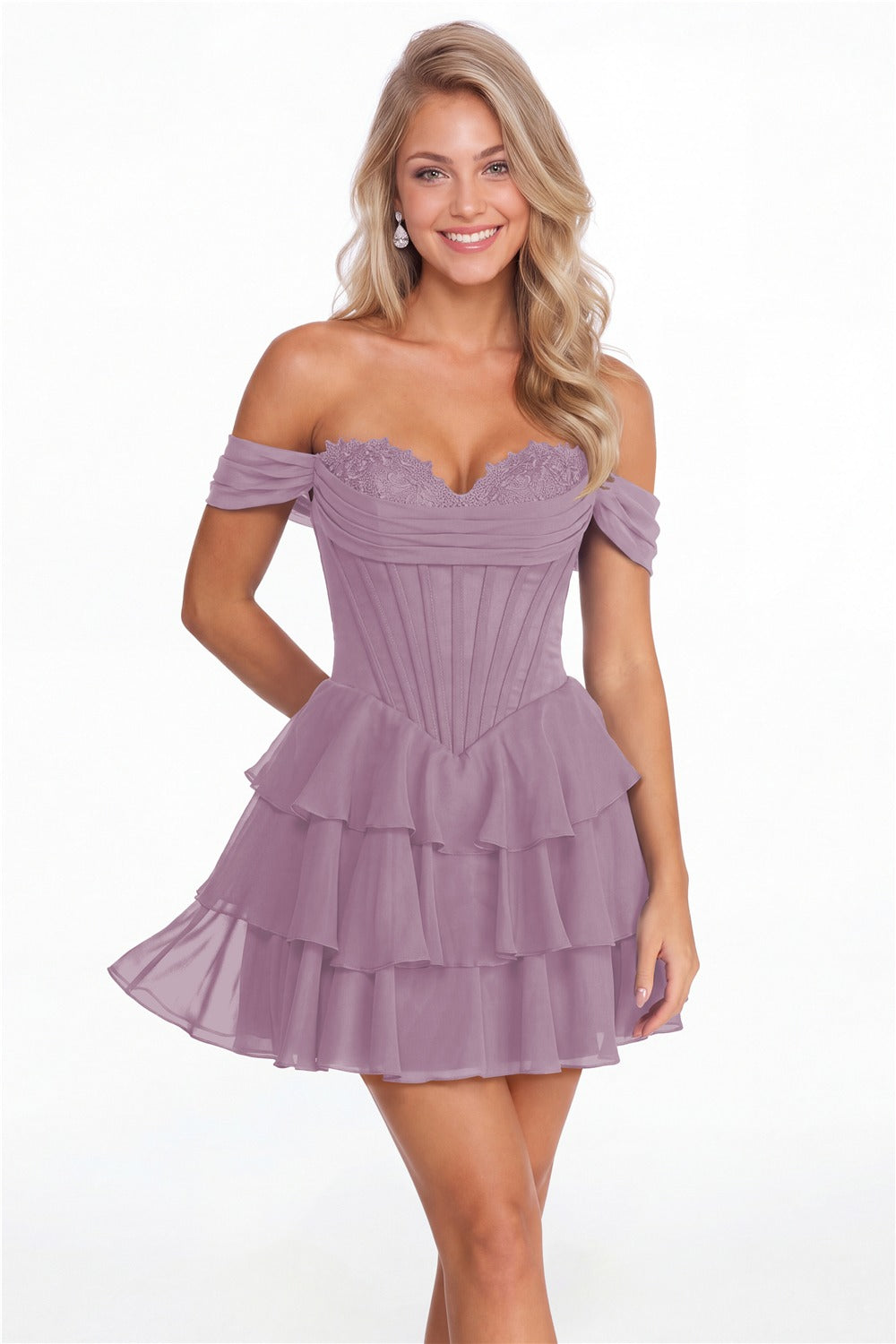 Wisteria Tiered Two-Way Chiffon Mini Homecoming Dress - Front View