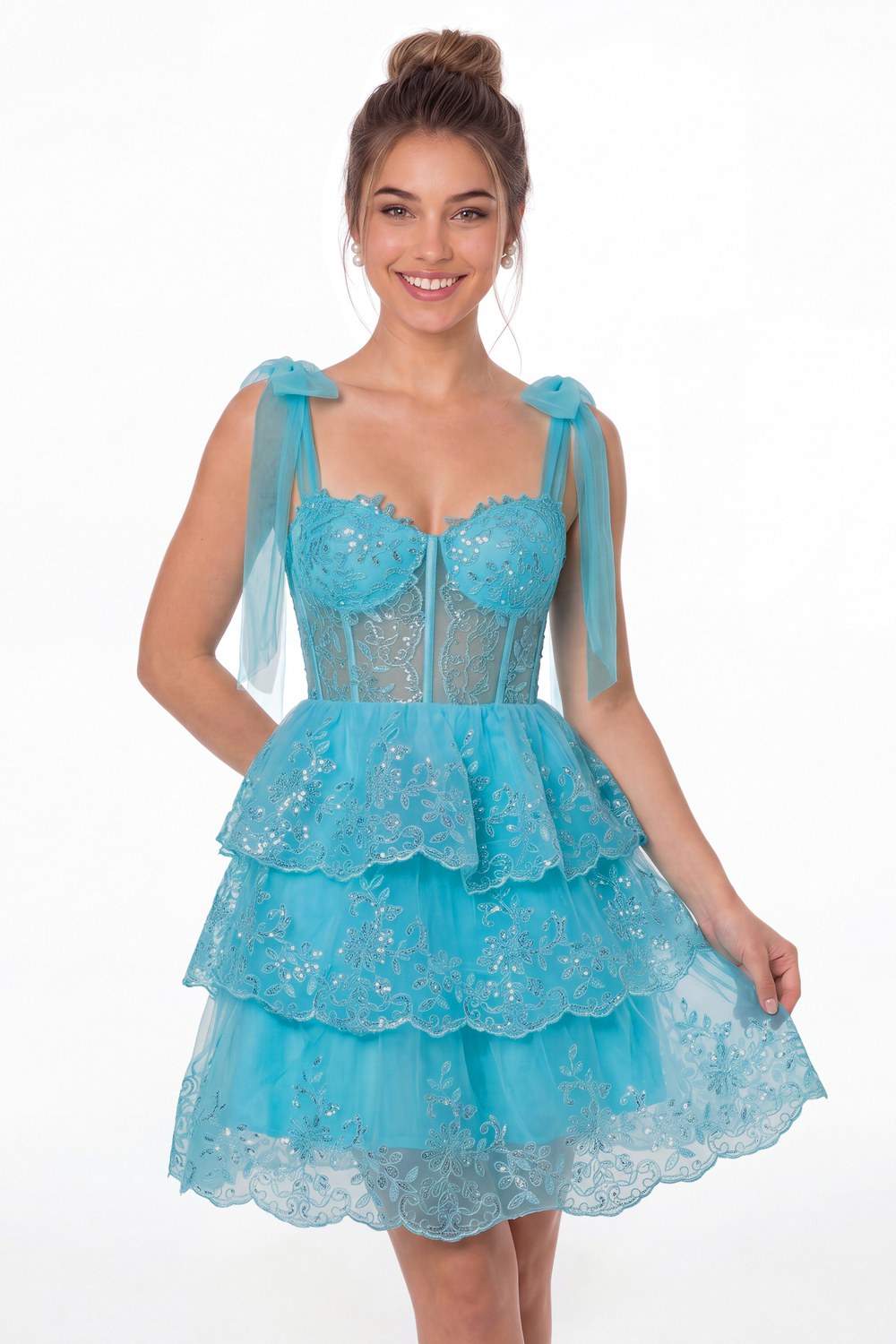 Aqua Blue Lace Tulle Tiered Mini Dress - Front View