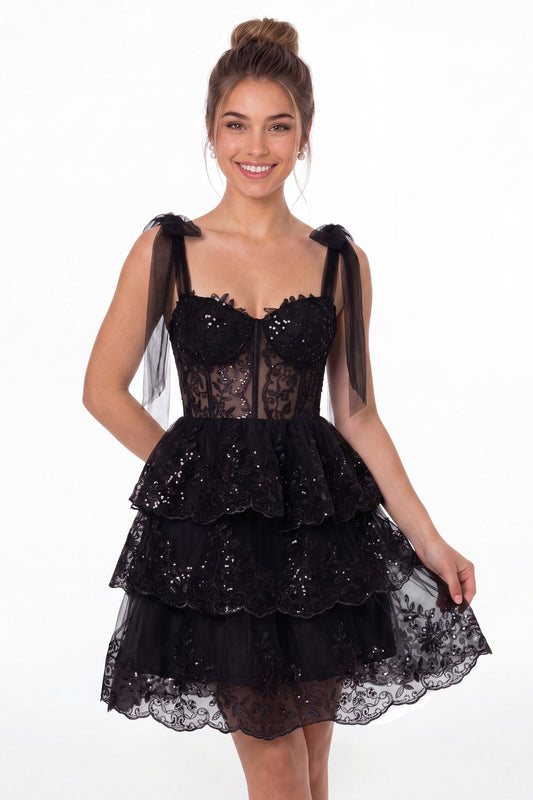 Black Tiered Bow Tulle Lace Mini Homecoming Dress - Front View