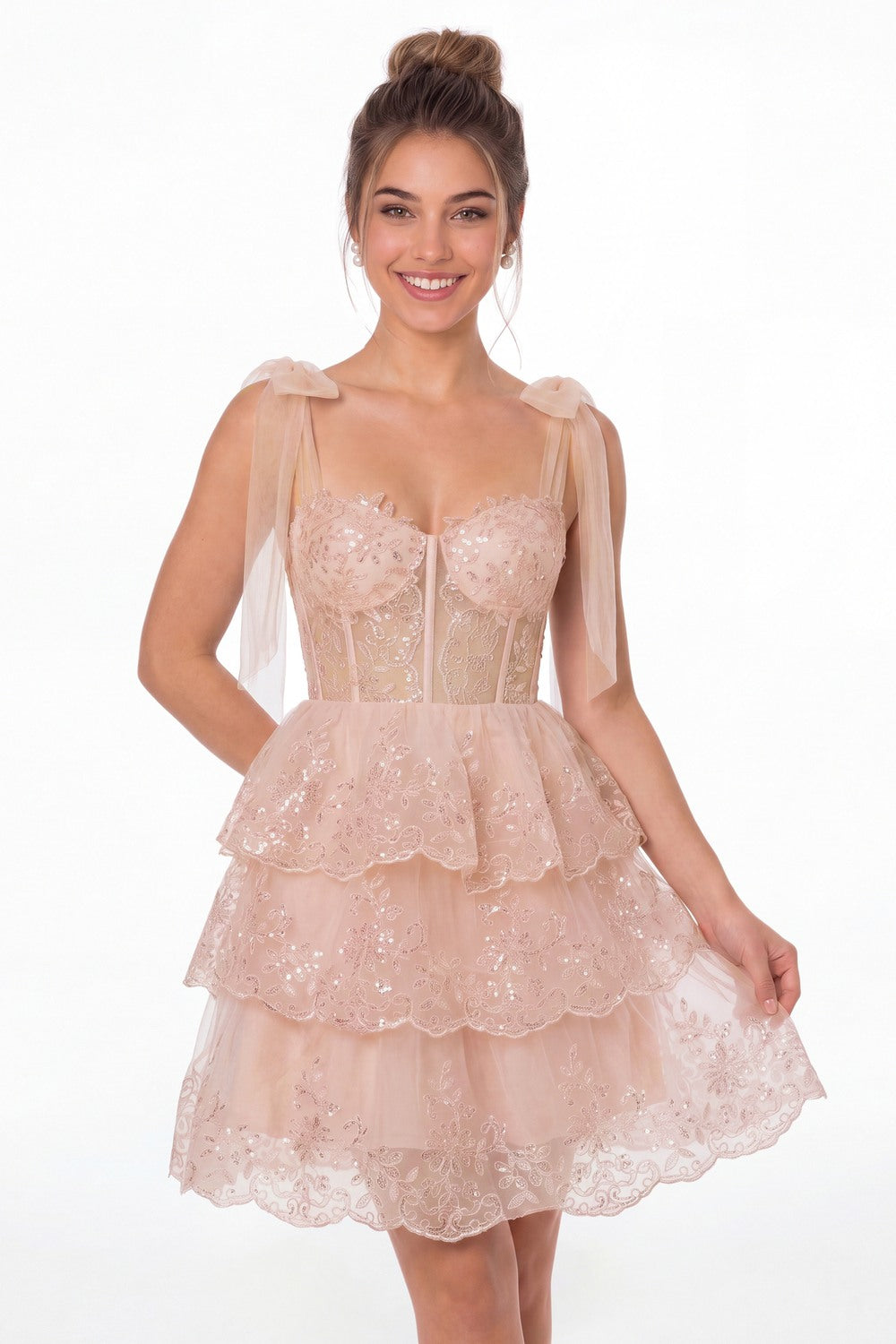 Blush Pink Lace Tulle Tiered Mini Dress - Front View