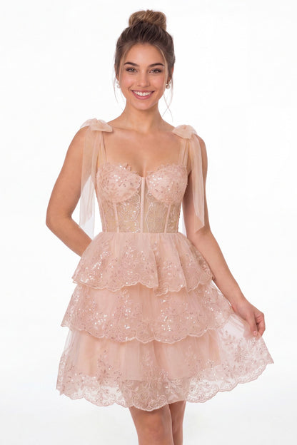Blush Pink Tiered Bow Tulle Lace Mini Homecoming Dress - Front View