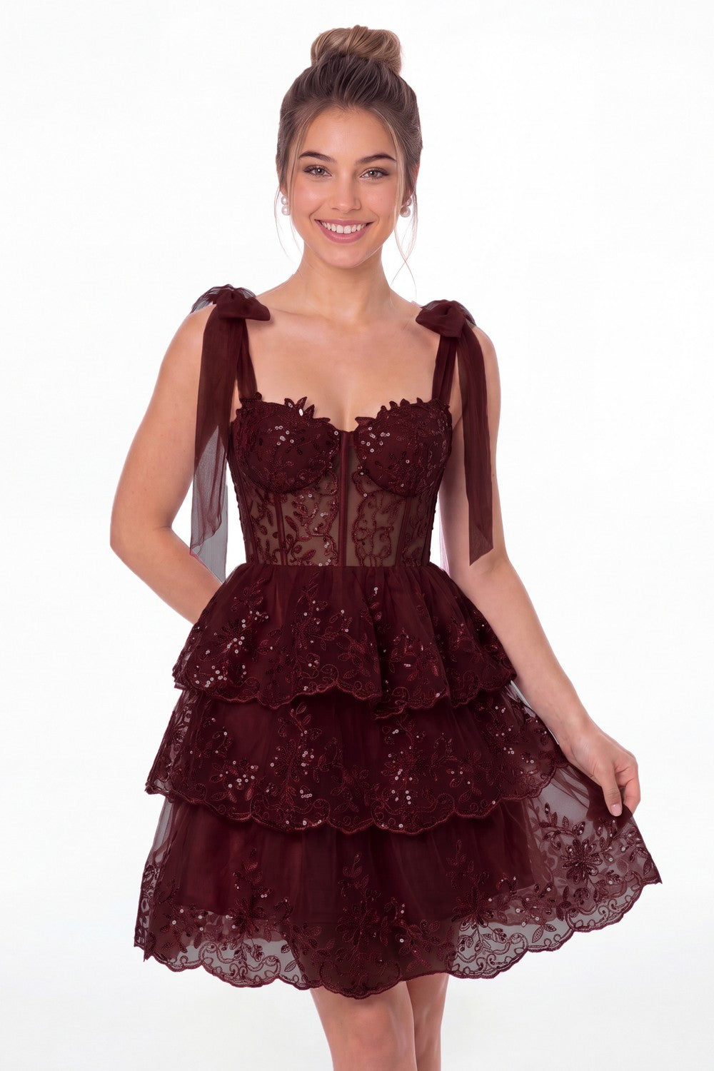 Burgundy Tiered Bow Tulle Lace Mini Homecoming Dress - Front View