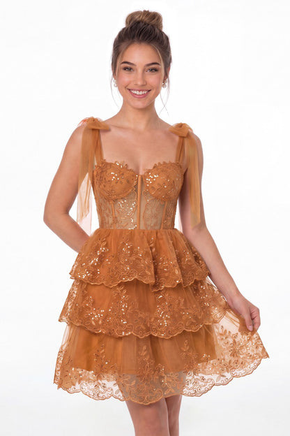 Burnt Orange Lace Tulle Tiered Mini Dress - Front View