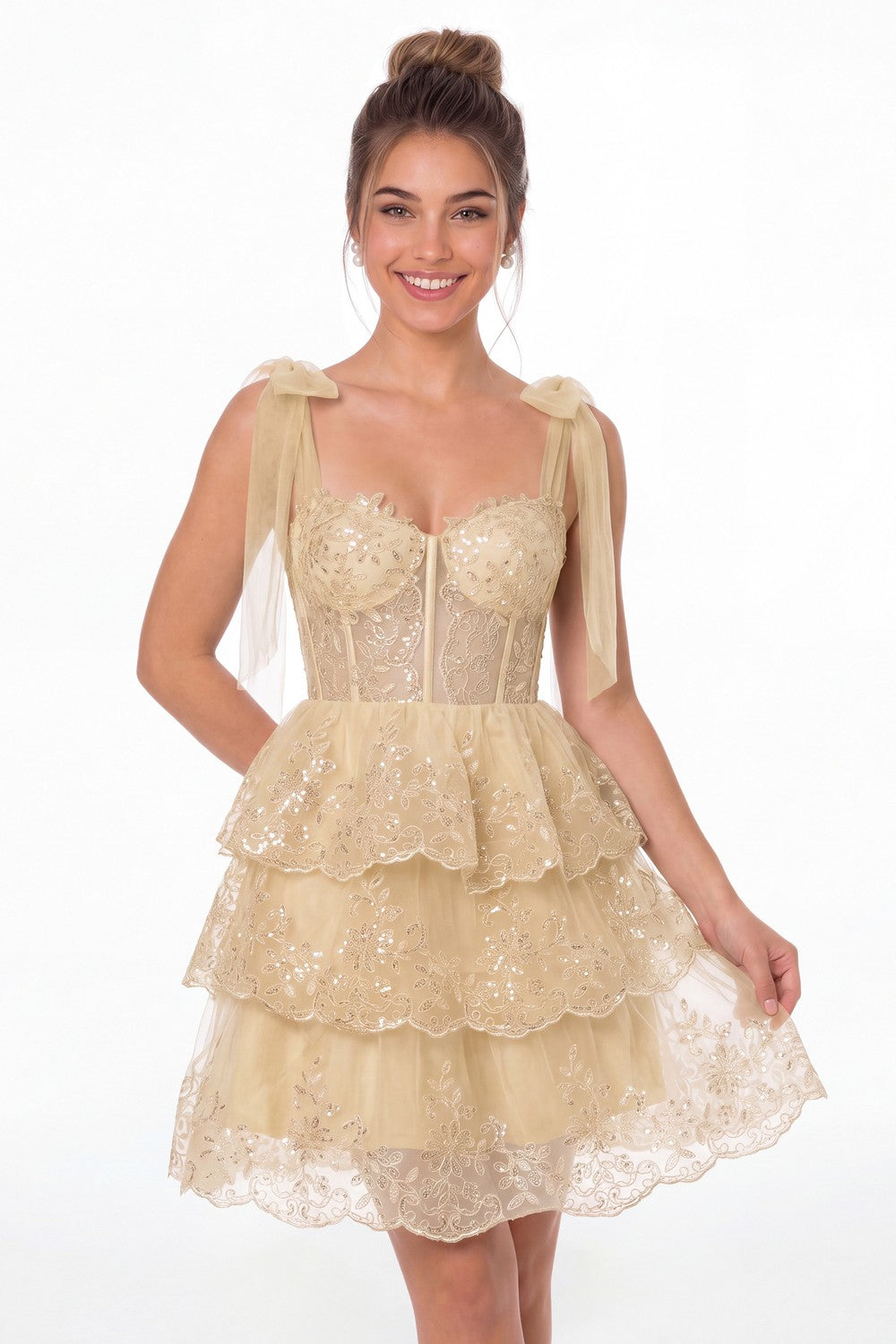 Champagne Lace Tulle Tiered Mini Dress - Front View
