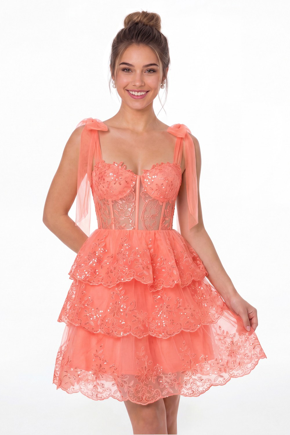 Coral Lace Tulle Tiered Mini Dress - Front View
